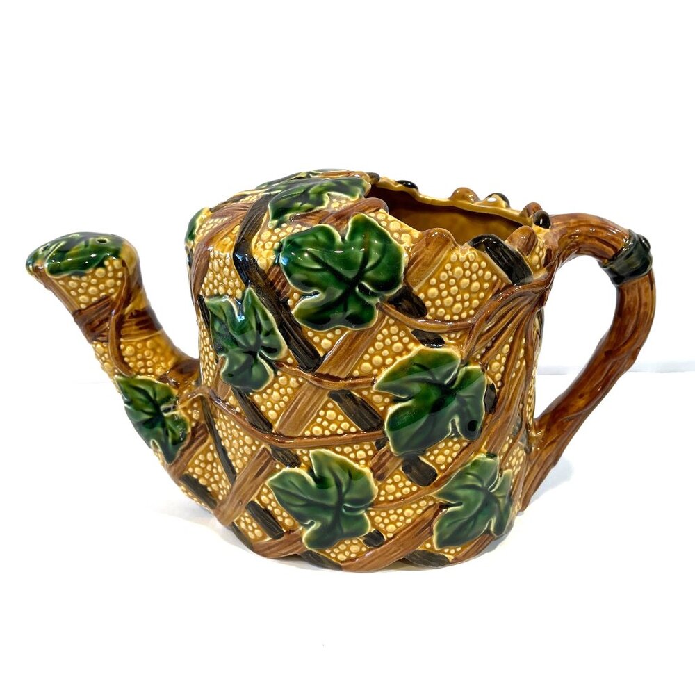 Vintage HALDON GROUP Ceramic Watering Can Lattice Ivy Leaf Japan Pottery